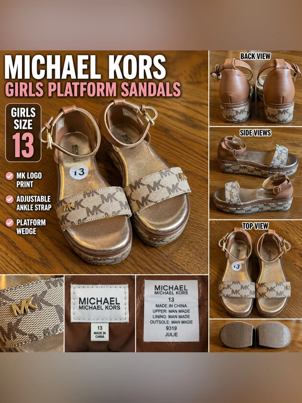 Michael Kors Girls Platform Sandals Size 13 Brown MK Logo Wedge Sandals
